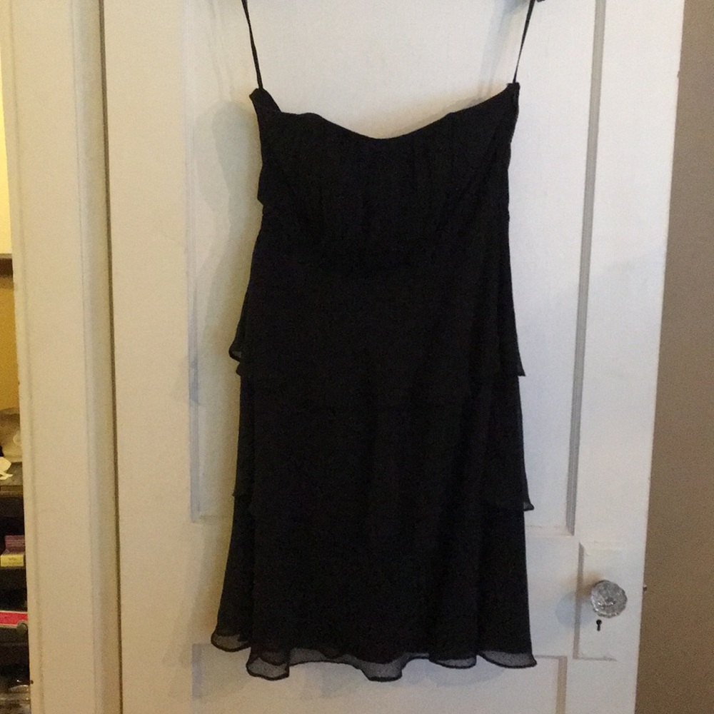 Black strapless chiffon cocktail dress w/ ruffle